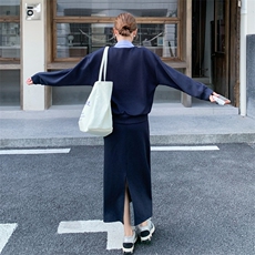 藏青色休闲条纹拼接卫衣套装女2025年春秋季新款显瘦半身裙两件套，女装套装/套裙，2C105