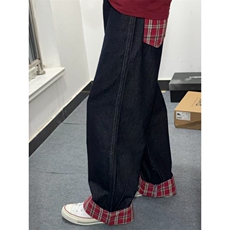 【有货】美式格子拼接卷边牛仔裤男女阔腿裤子高街NZ011WW-特P48，男装牛仔裤，星座1007（原301D）