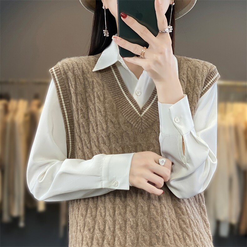 2023秋冬款V领麻花衫女无袖叠穿加厚宽松打底衫马甲上,女装马甲,蒙莲贝斯