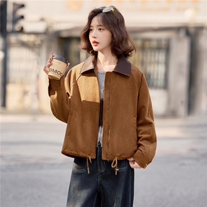 麂皮绒夹棉外套女2025冬季新款小个子棉服女翻领撞色帅气百搭外套图片