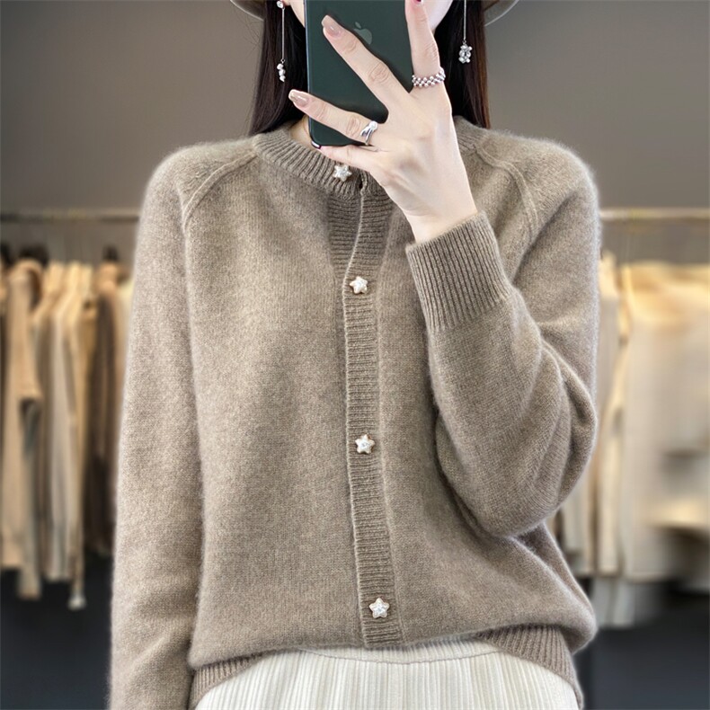 圆领100%羊绒开衫女秋冬新款宽松显瘦羊毛长袖纯色针织毛衣外套,女装羊毛衫,大美人包芯纱店