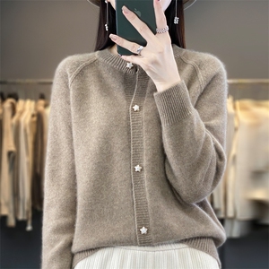 圆领100%羊绒开衫女秋冬新款宽松显瘦羊毛长袖纯色针织毛衣外套图片