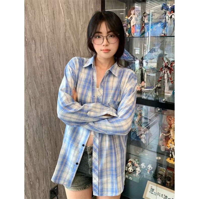 TC589-P45复古格子衬衫情侣新款潮牌长袖衬衣宽松休闲百搭上衣，女装衬衫，星座617A-2