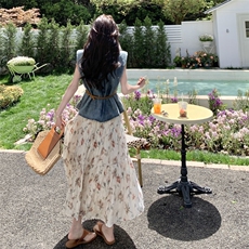 港风复古牛仔衬衫碎花半身裙套装女夏2025新款独特漂亮两件套爆款，女装连衣裙，维壹
