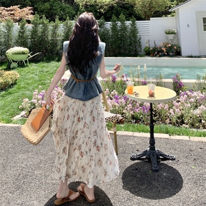 港风复古牛仔衬衫碎花半身裙套装女夏2025新款独特漂亮两件套爆款图片