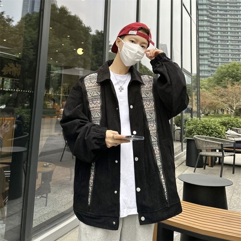 拼接灯芯绒外套美式风潮痞帅潮牌复古高级休闲宽松翻领夹克JKA82图片