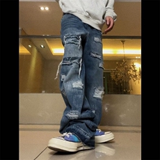 美式街头复古高街vibe风割烂破洞做旧牛仔裤男宽松直筒显瘦长裤子，男装牛仔裤，星座1210-1