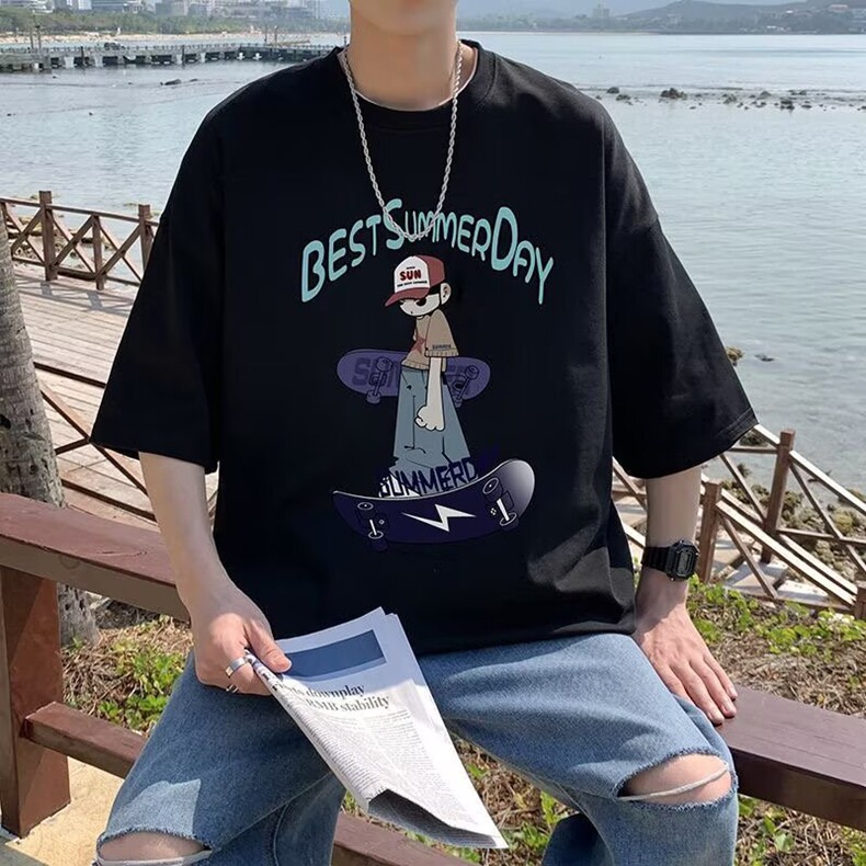 纯棉儿童短袖t恤卡通中大童夏季薄款半袖男孩滑板街舞体恤上衣潮，男装T恤，星座1409-3