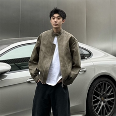现货蜡洗龟裂纹两色高品质水洗做旧PU皮夹克W2509，男装夹克，电商C313