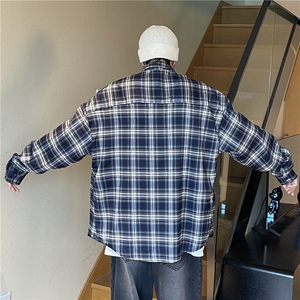 蓝色格子衬衫男夏季薄款长袖翻领衬衣青少年潮牌百搭休闲上衣外套图片