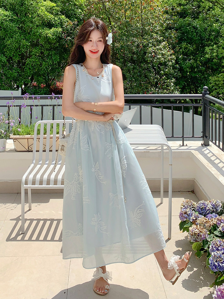高级感度假风刺绣无袖连衣裙女2025夏新款法式漂亮绝美仙女背心裙,女装连衣裙,浙宝285（原212）