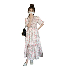 法式碎花连衣裙女夏季2025新款粉色小个子长裙高腰气质高级感裙子，女装连衣裙，2C133
