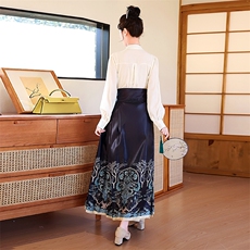 新款2024年春季新中式印花盘扣马面裙两件套，女装套装/套裙，蓝诺裳