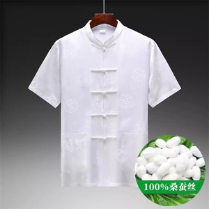 夏款高端唐装短袖上衣薄款绸缎提花男休闲男装图片