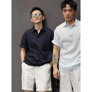 网图 老钱风亚麻男士polo衫短袖衬衫领T恤夏装宽松半袖S433-特32图片