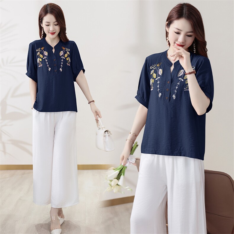 V领棉麻上衣套装2026夏装新款小衫刺绣中老年妈妈装阔脚裤两件套，女装套装/套裙，尚洛菲