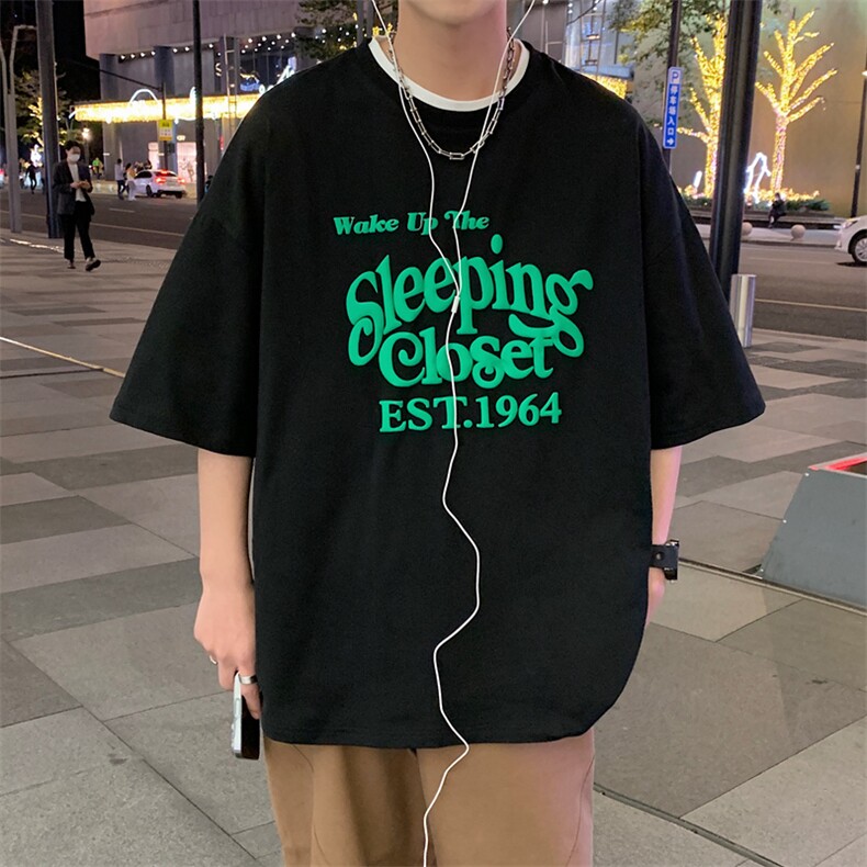 t恤短袖男夏季纯棉发泡字母印花ins宽松半袖2024新款潮牌美式上衣，男装T恤，电商A409-1