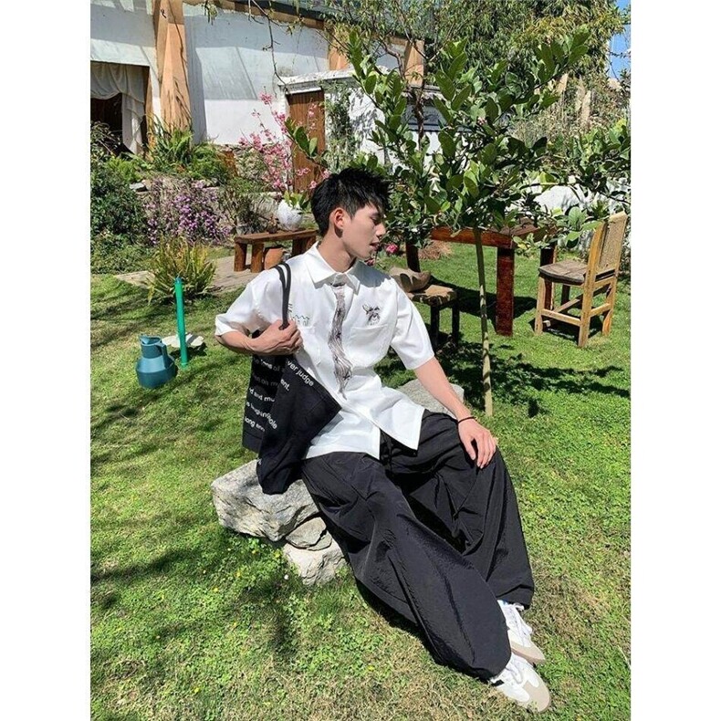 版棉感透气手绘涂鸦印花五分袖衬衫白色彩色2025年321P35,男装T恤,电商D256-2(原A064-2)