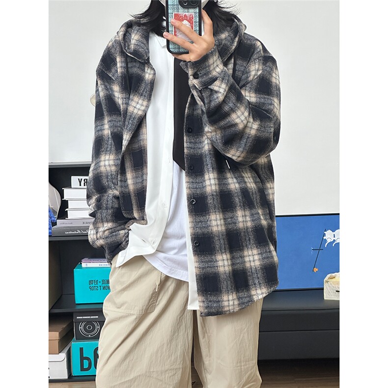 数据毛呢连帽格子衬衫磨毛中性加厚连帽衬衫外套CS069-P48,男装衬衫,星座301C-5