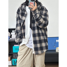 数据毛呢连帽格子衬衫磨毛中性加厚连帽衬衫外套CS069-P48，男装衬衫，星座301C-5