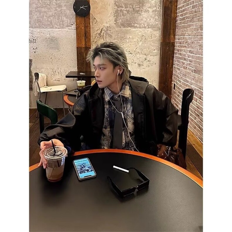 短款连帽皮衣外套男2025新款韩版廓形高级感宽松百搭风衣PU皮夹克,男装风衣,星座1210-1