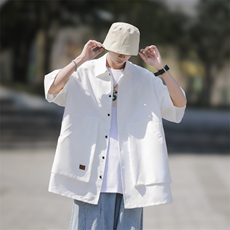 夏装日系复古大口袋短袖衬衫男宽松纯色大码衬衣C500P35，男装T恤，电商C323