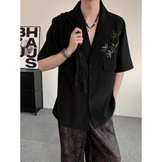 夏装2025风新中式冰丝假口袋翠竹刺绣男女小众休闲短袖衬衫，男装衬衫，星座909