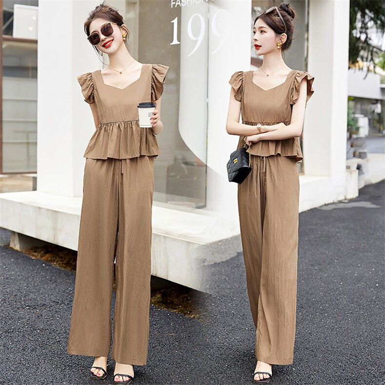 时尚休闲洋气短袖上衣套装女2025年夏季新款薄款透气阔腿裤两件套，女装套装/套裙，魅影