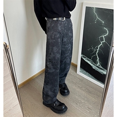 抖音品质美式高街oversize设计感蛇纹迷彩水洗弯刀裤，男装牛仔裤，星座310A-4
