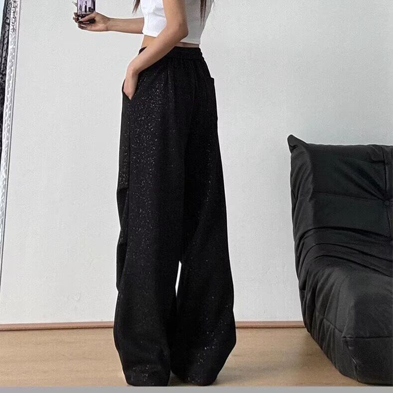 高腰休闲裤女2025春秋季新款重工烫钻满天星宽松时尚拖地阔腿裤子,男装休闲裤,星座506A