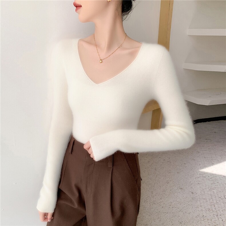 2025年秋季套头单件常规甜美长袖一线卷边V领,女装羊绒衫,奥帆羊绒