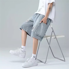 破洞牛仔短裤男潮牌宽松百搭工装裤夏季休闲港风五分裤DA30-P35，男装牛仔裤，星座208-5