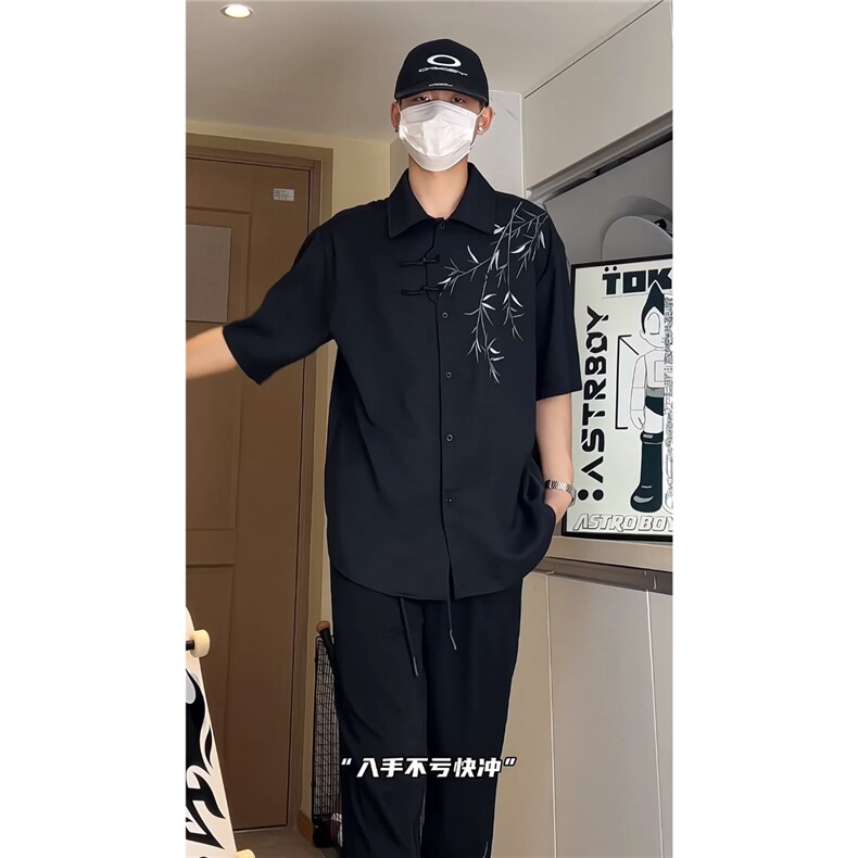 新中式男装风刺绣竹子短袖衬衫男款七分袖衬衣1007-H60-特P35图片