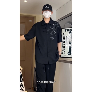 新中式男装风刺绣竹子短袖衬衫男款七分袖衬衣1007-H60-特P35图片