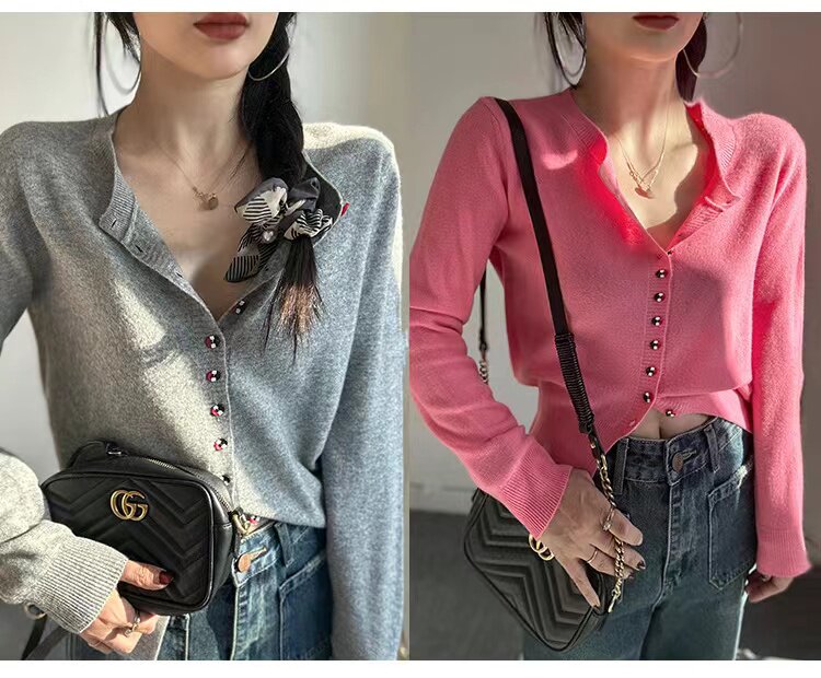 秋季翻领长袖针织开衫女灰色毛衣纯欲风修身褶皱短款打底内搭上衣,针织衫/毛衣,半城羊绒