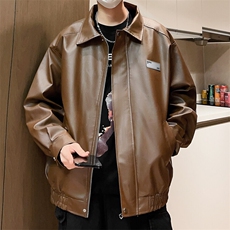 贴标男士皮夹克春季翻领休闲皮衣外套宽松机车男A266-PY006-P80，男装皮衣，电商A266