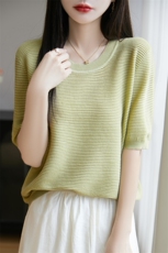 精纺蚕丝羊毛针织衫女圆领套头短袖T恤上衣打底简约百搭，女装T恤，东远绒业