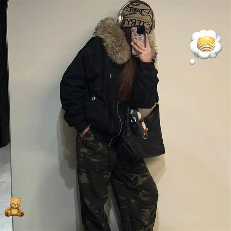 现货重磅boxy短款棉衣座山雕大毛毛领男女棉服水洗工装厚外套,男装棉衣,电商A486