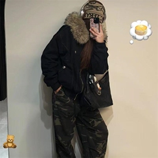 现货重磅boxy短款棉衣座山雕大毛毛领男女棉服水洗工装厚外套，男装棉衣，电商A486