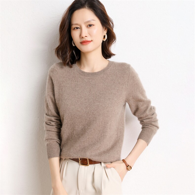 春秋新款纯山羊绒衫女圆领宽松套头毛衣内搭软糯打底针织衫,女装羊绒衫,纳丰羊绒