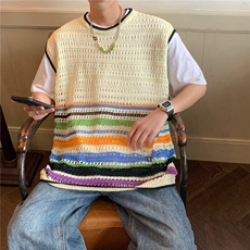 美式复古彩色镂空无袖背心夏季潮牌宽松休闲圆领针织薄款上衣马甲，男装背心/马甲，星座410-7