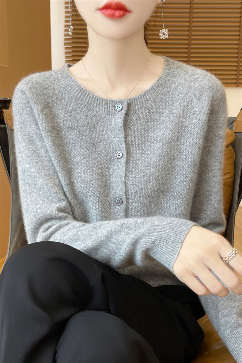 针织开衫女羊绒衫2025春季短款圆领纯色羊毛薄款外套宽松大码毛衣,女装羊毛衫,大美人高端店