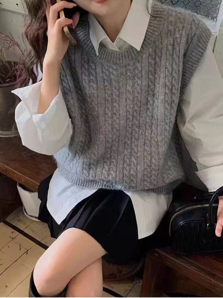 韩系100羊毛针织马甲女宽松无袖麻花背心外穿秋冬小个子毛衣叠穿,女装马甲,美轩羊绒