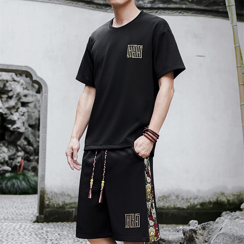 男士刺绣风休闲运动套装男T恤短裤两件套潮A266-TZ7707-P45,男装T恤,电商A266
