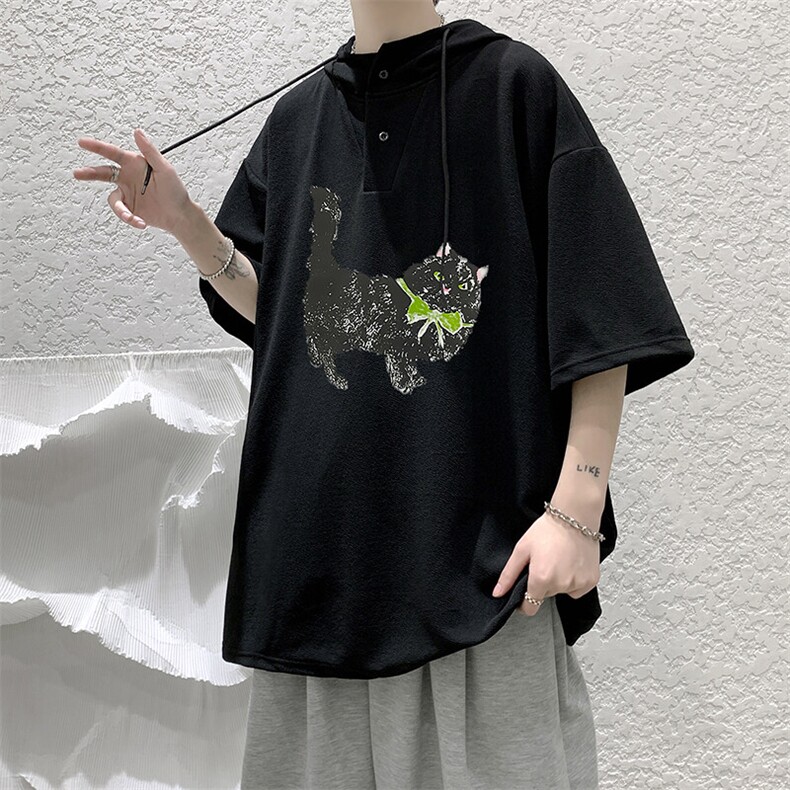 LD54413-P45NASA连帽短袖t恤男大码胖子带帽五分袖中袖,男装T恤,电商A040