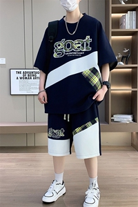 港风套装男休闲宽松冰丝青年圆领短袖T恤短裤两件套-JZ503-P51图片