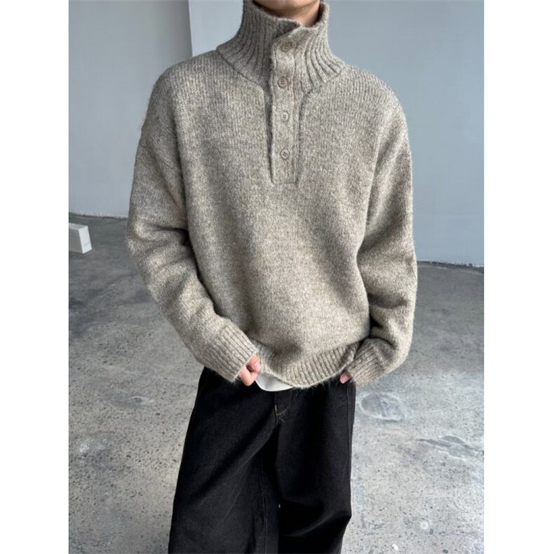 韩系可翻领设计感重磅加厚毛衣男简约宽松纽扣装饰气质打底针织衫，男装T恤，四季星座505