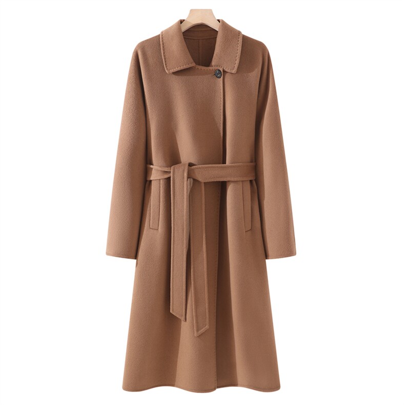 2025年秋季新款百搭女士POLO领系带长袖羊毛大衣，女装双面呢大衣，鹿展羊绒大衣
