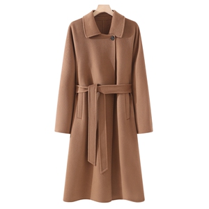 2025年秋季新款百搭女士POLO领系带长袖羊毛大衣，女装双面呢大衣，鹿展羊绒大衣