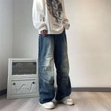 美式水洗做旧牛仔裤男士2024秋季新款潮流渐变设计感高级直筒长裤，男装牛仔裤，星座716-2